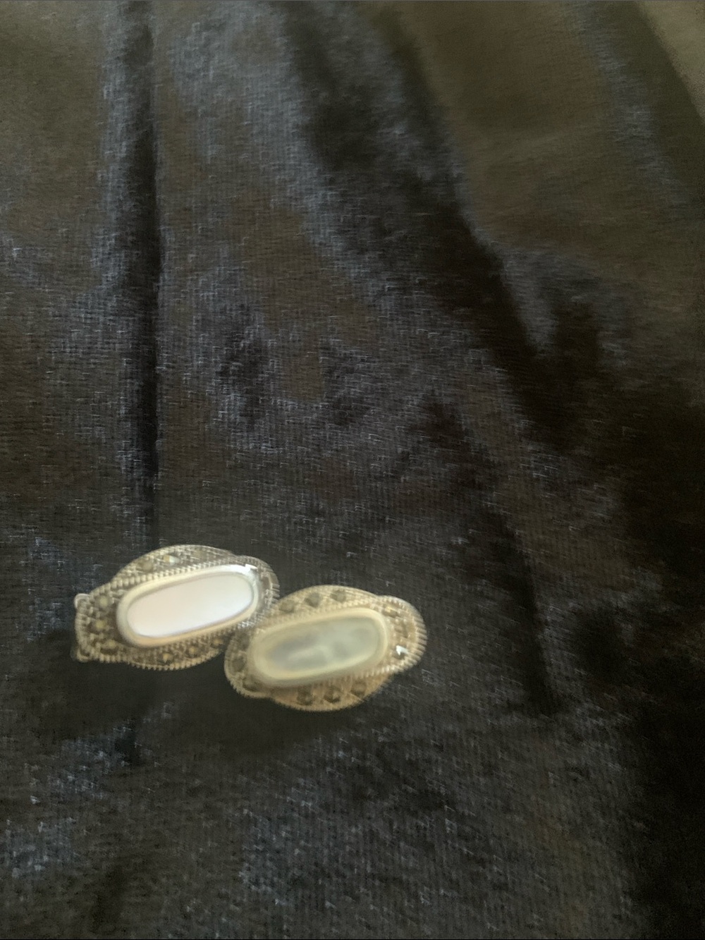 Mother of Pearl White Stone Marcasite Filigree Clip-On Earrings